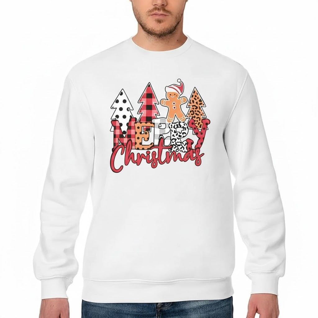 White Christmas Pullover Sweatshirt with Gingerbread “MERRY Christmas” Pattern
