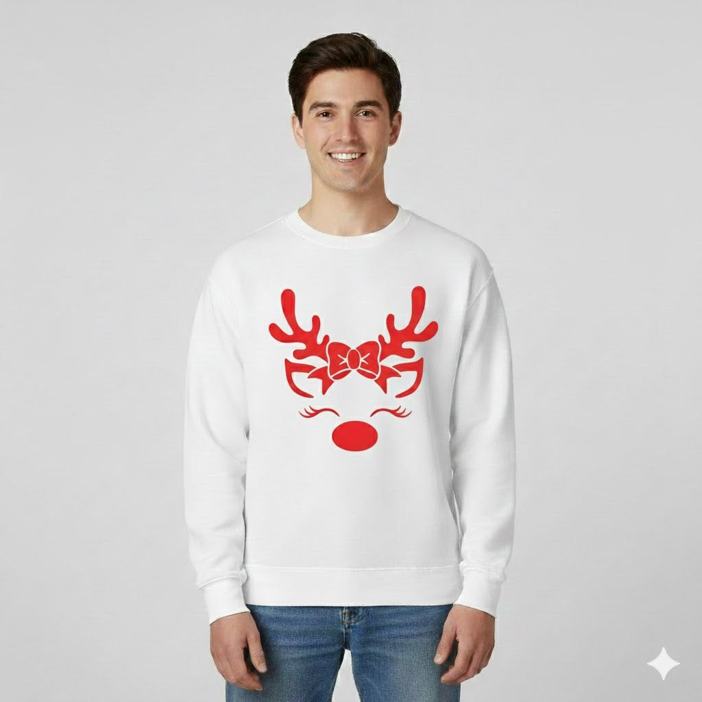 Adorable Reindeer Face with Bow (Reindeer Girl) – White Sweatshirt