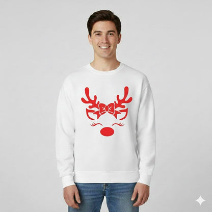 Adorable Reindeer Face with Bow (Reindeer Girl) – White Sweatshirt