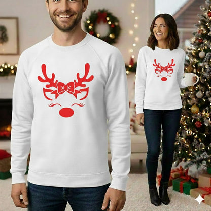 Adorable Reindeer Face with Bow (Reindeer Girl) – White Sweatshirt