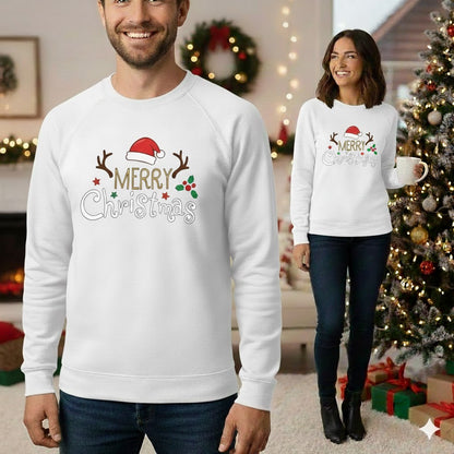 White “Merry Christmas” Sweatshirt with Santa Hat &amp; Antlers