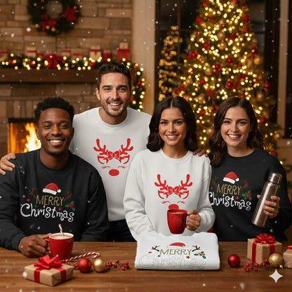 Adorable Reindeer Face with Bow (Reindeer Girl) – White Sweatshirt