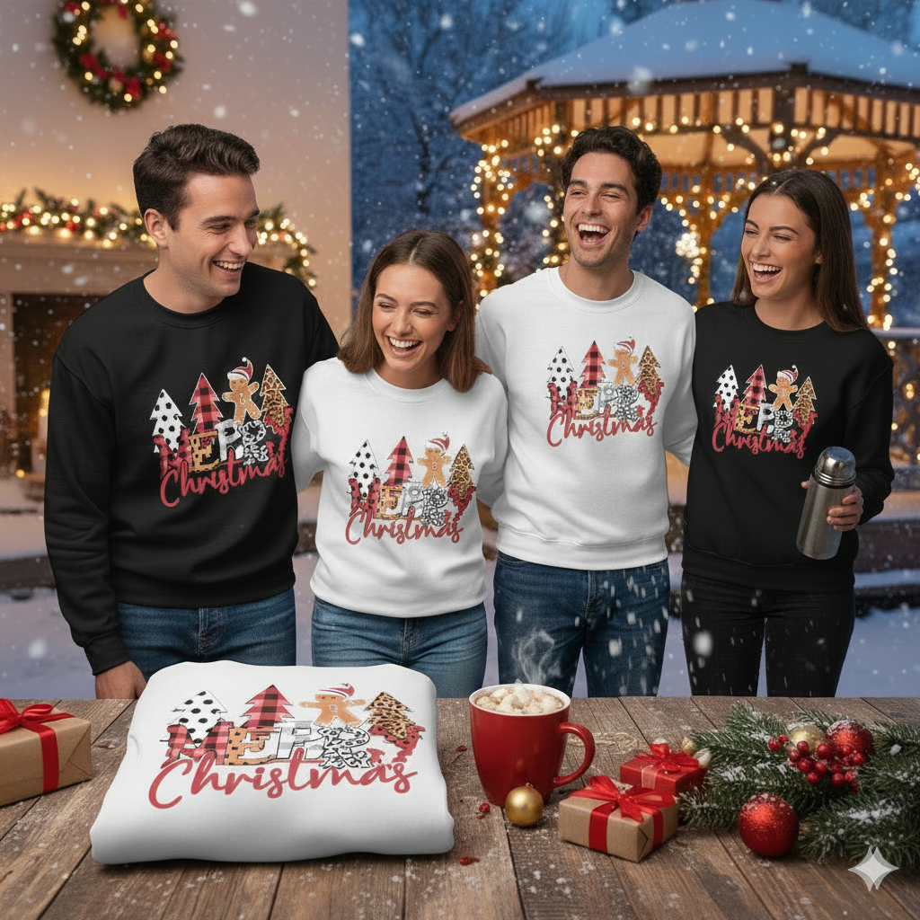 White Christmas Pullover Sweatshirt with Gingerbread “MERRY Christmas” Pattern