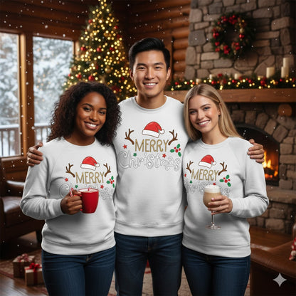 White “Merry Christmas” Sweatshirt with Santa Hat &amp; Antlers