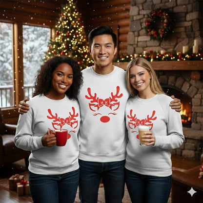 Adorable Reindeer Face with Bow (Reindeer Girl) – White Sweatshirt
