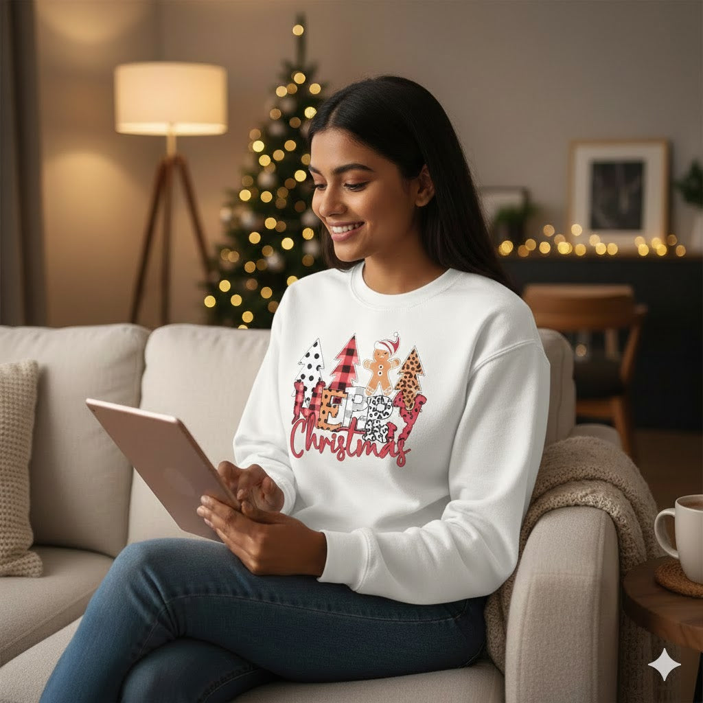 White Christmas Pullover Sweatshirt with Gingerbread “MERRY Christmas” Pattern