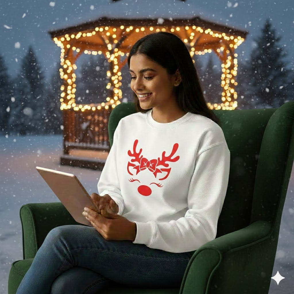 Adorable Reindeer Face with Bow (Reindeer Girl) – White Sweatshirt