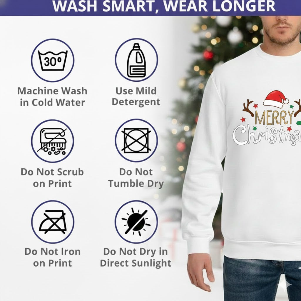 White “Merry Christmas” Sweatshirt with Santa Hat &amp; Antlers