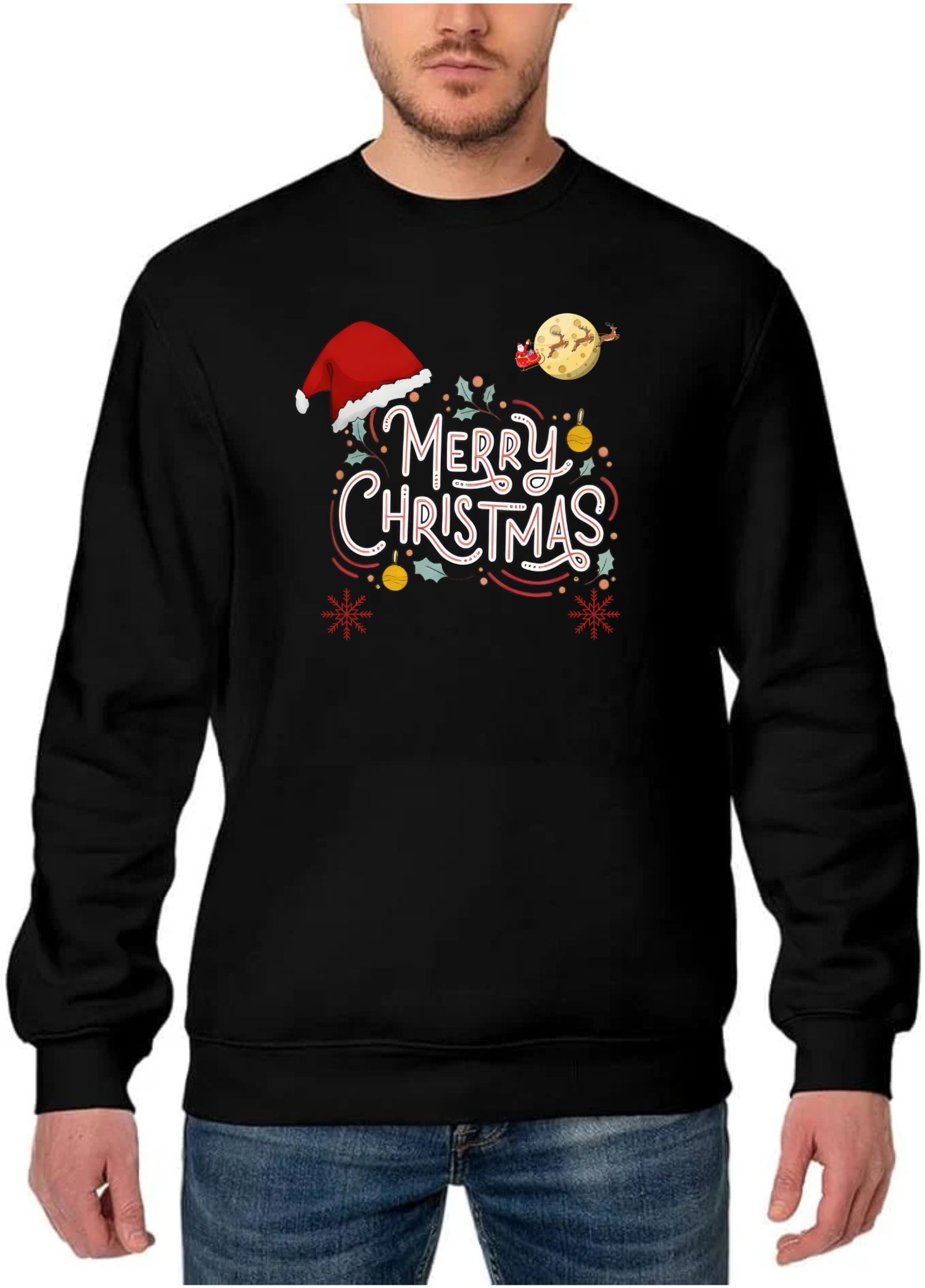 Whimsical Hand-Drawn “Merry Christmas” Typography Sweatshirt - Black