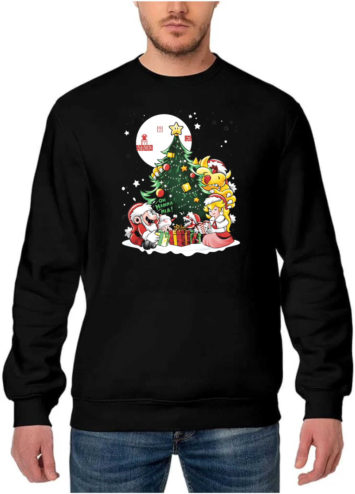 Black Super Mario Christmas Sweatshirt – Mario, Peach &amp; Bowser Christmas Tree Festive Jumper