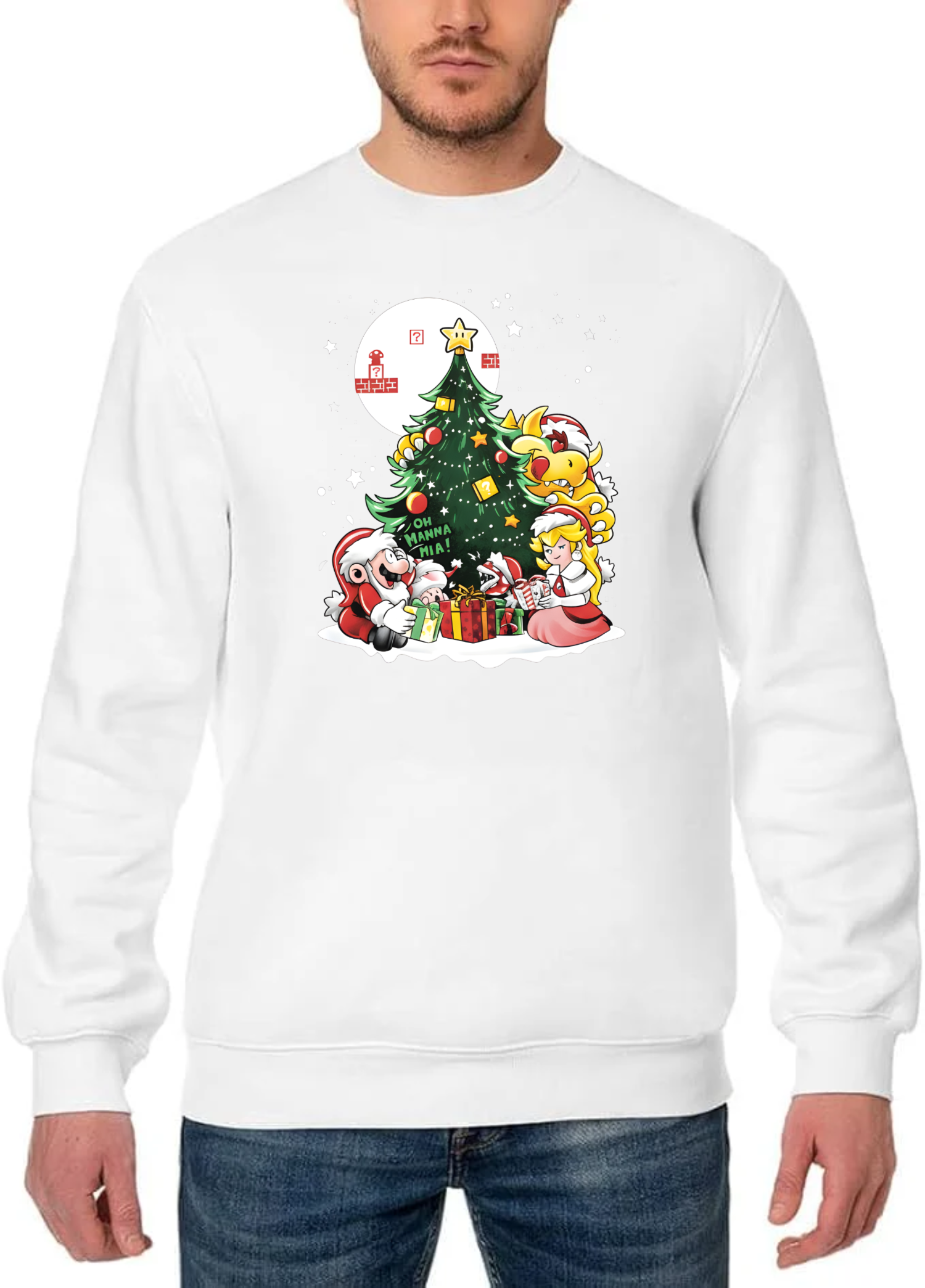 White Super Mario Christmas Sweatshirt – Mario, Peach &amp; Bowser Christmas Tree Festive Holiday Jumper