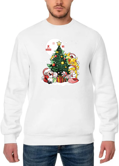 White Super Mario Christmas Sweatshirt – Mario, Peach &amp; Bowser Christmas Tree Festive Holiday Jumper