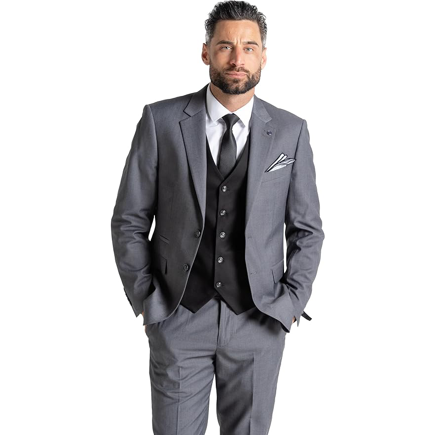 Men’s Grey Three-Piece Wedding Suit with Black Waistcoat