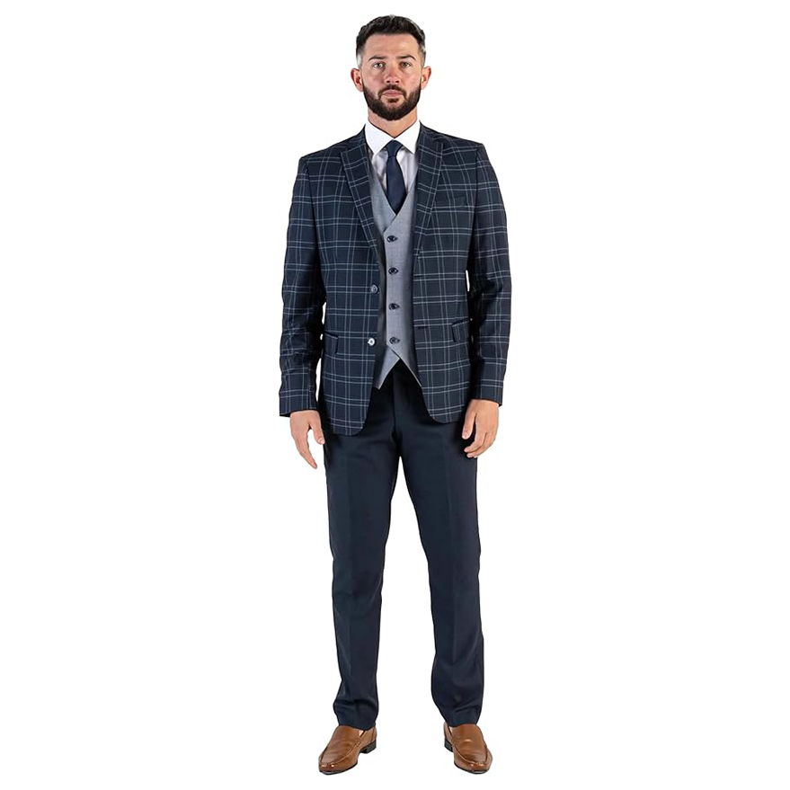 Angelo Men’s Navy Checked 3-Piece Tailored Fit Suit