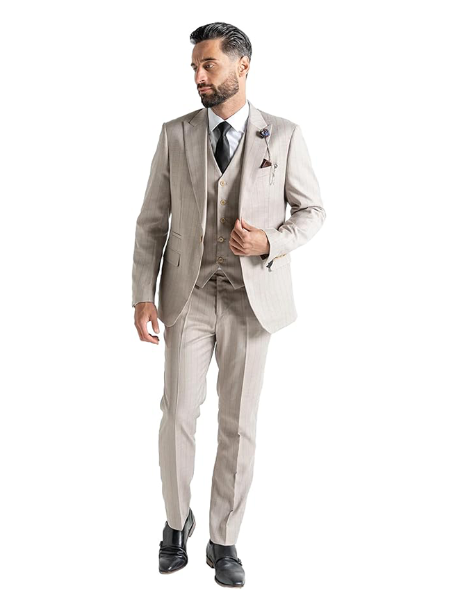 Chelsea Men’s Beige Slim-Fit 3-Piece Pinstripe Suit