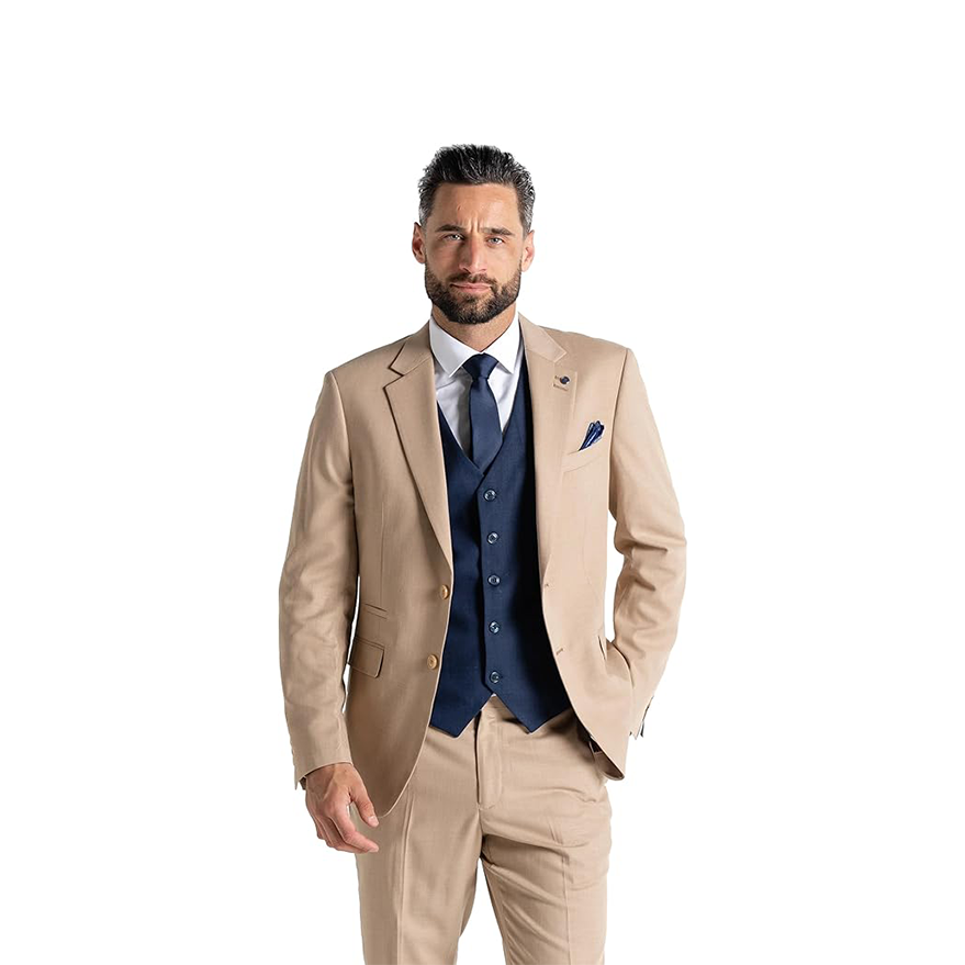 Men’s Cream Three-Piece Wedding Suit with Navy Waistcoat